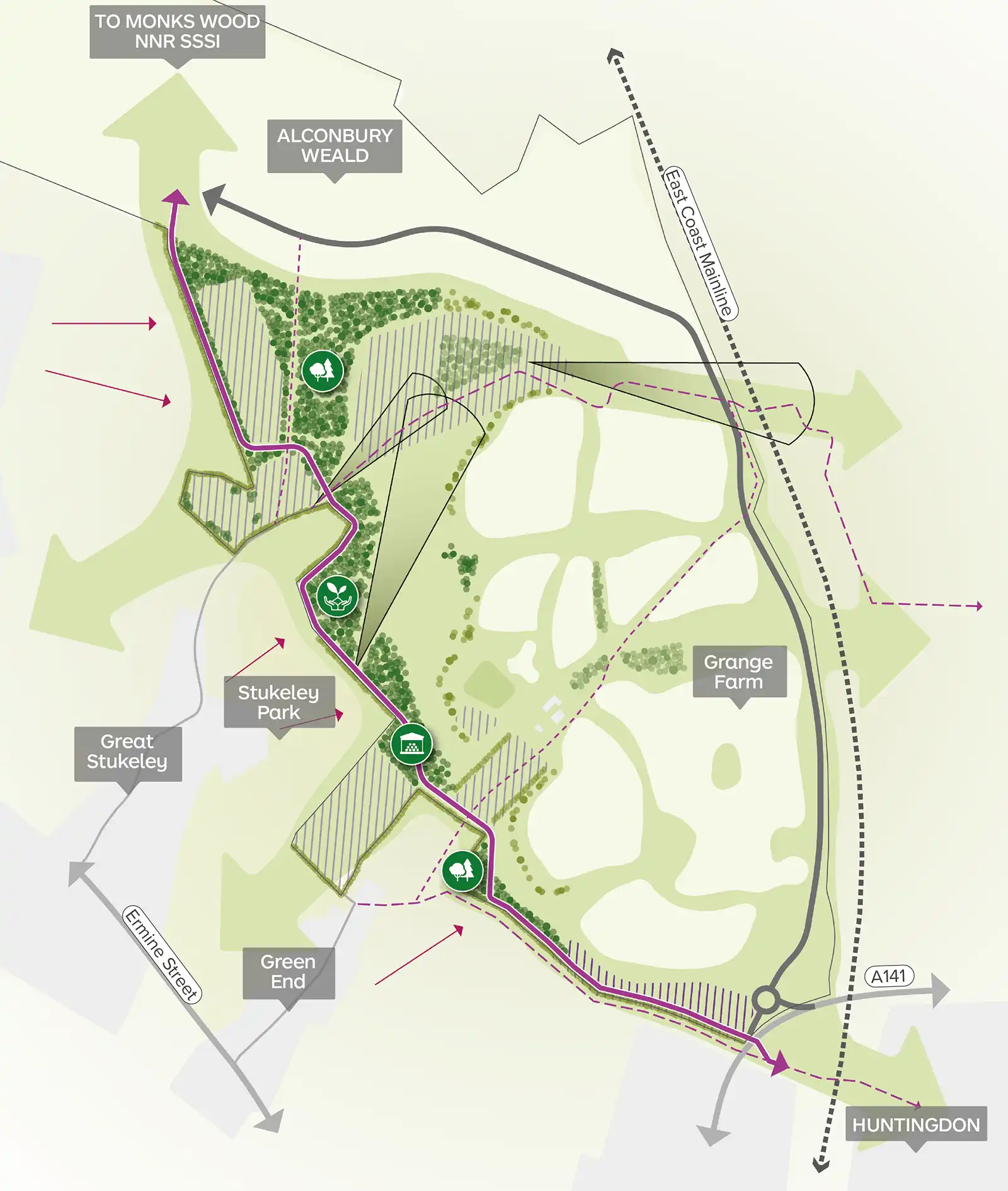 Map of Prestley Country Park showing woodland areas
