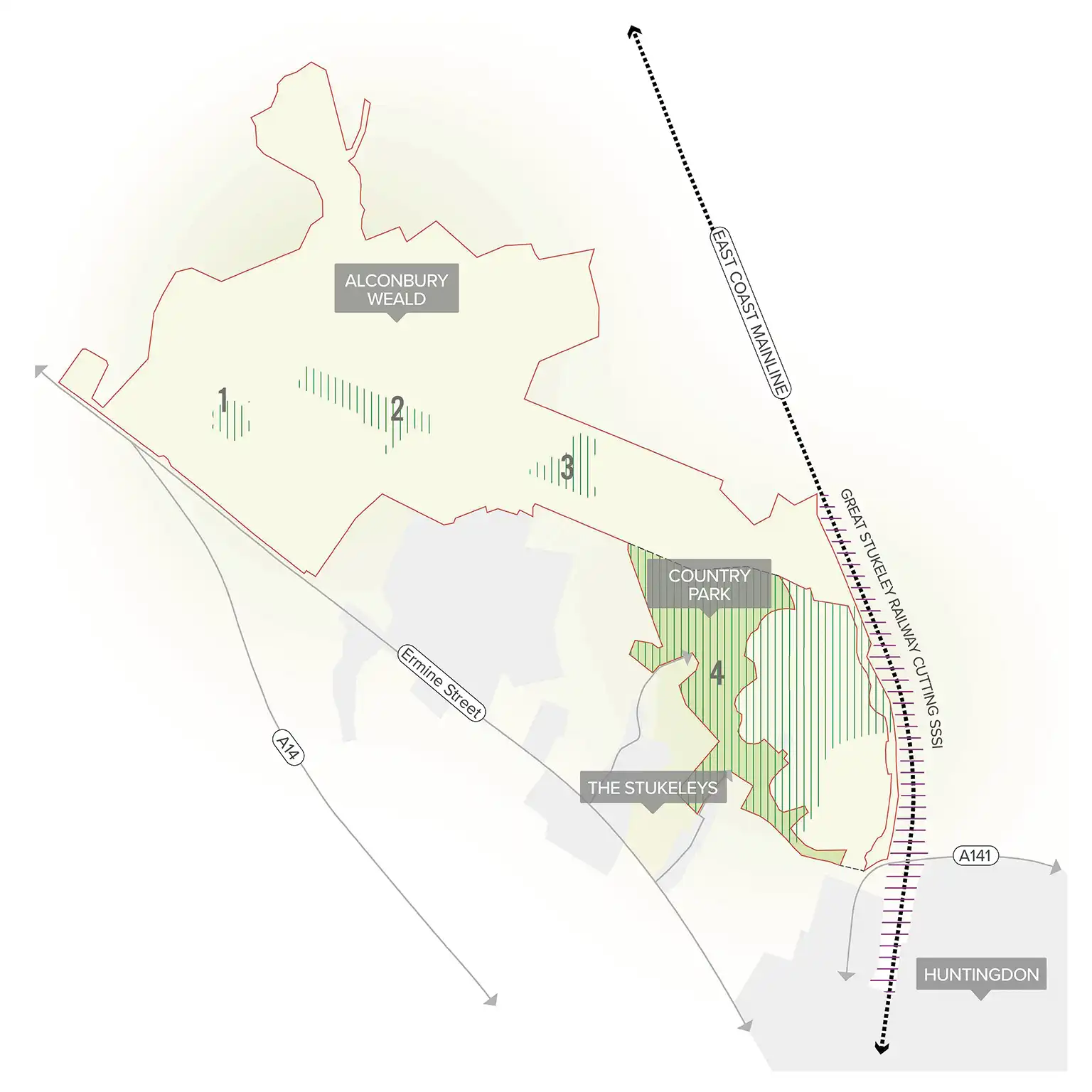 Map of Alconbury Weald showing the four strategic green spaces.